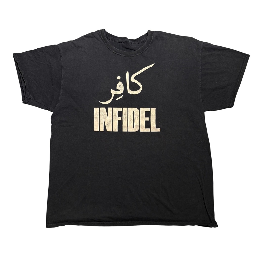 Vintage Y2K Infidel Graphic T-Shirt Black Arabic Script Short Sleeve Tee